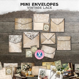 Encaje vintage, Diario basura, Mini sobres, Flores, Adornos shabby chic, Letras, Sello, Descarga digital, Neutro, Imprimible, Regalo