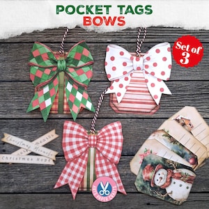 May include: A set of three decorative pocket tags featuring large bows in red and green diamond, white and red polka dot, and red and white gingham patterns. Includes three paper strips with Christmas text and a stack of illustrated holiday tags.