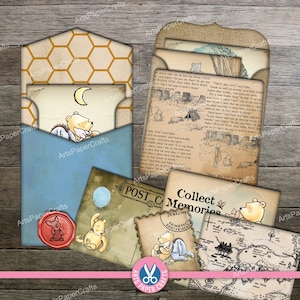 Winnie The Pooh, Mini Envelopes, Junk Journal, Shabby, Letters, Embellishments, Stamp, Digital Download, Illustrations, Printable, Postcards image 2