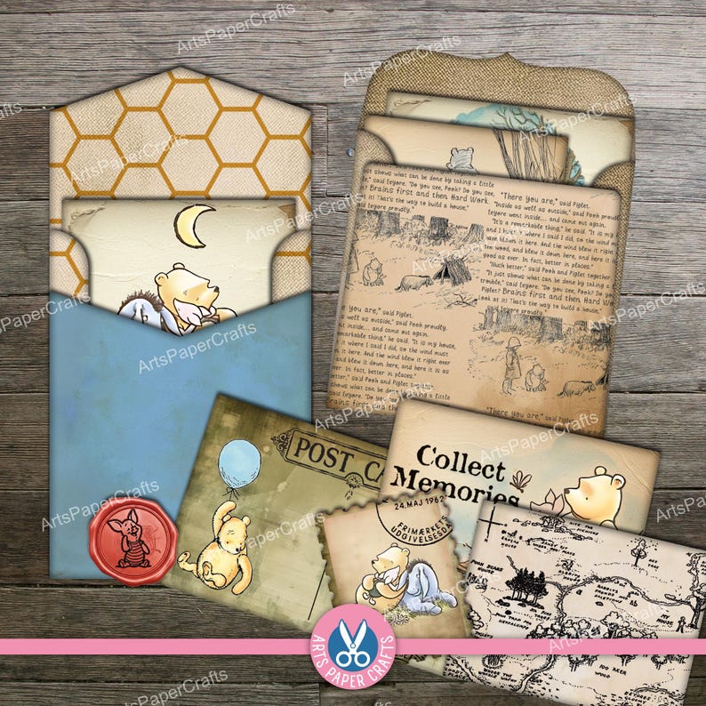 Winnie The Pooh, Mini Envelopes, Junk Journal, Shabby, Letters, Embellishments, Stamp, Digital Download, Illustrations, Printable, Postcards image 2