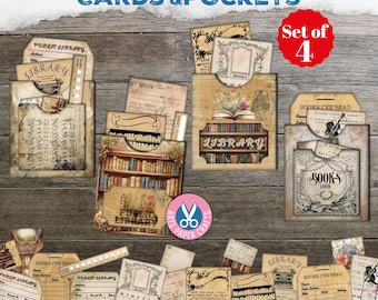 Shabby Library Card Pockets, Junk Journal, Roses Pink, Tag Ephemera, Craft Digital Kit, Printable, Vintage Loaded Pocket, Digital Download