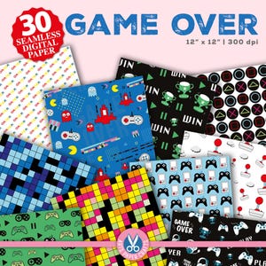 Gameover digitale papers set - gamerachtergrond - gameover naadloos patroon - direct downloaden - gamer plakboek