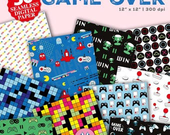 Gameover Digital Papers Set - Gamer Background - Gameover Seamless Pattern - Instant Download - Gamer Scrapbook Paper
