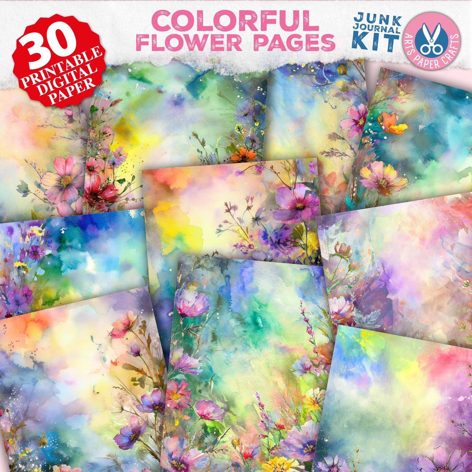 Colorful Flower Junk Journal Pages, Printable Colorful Journal Kit ...