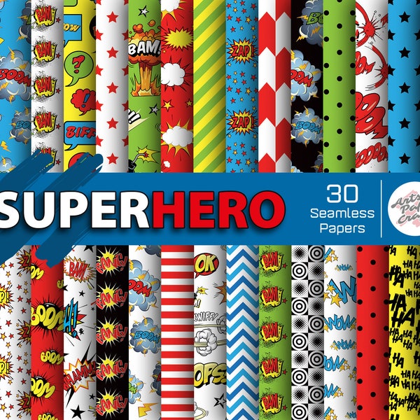 Super Hero Digital Paper Sets - Comics Theme Party - Hero Comics Background - Seamless Pattern - Instant Download