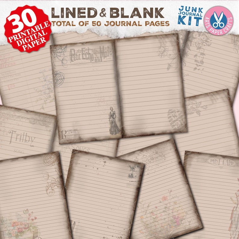 Linjerade tomma skräpjournalsidor - Digitala papper - Linjerade - Liggande - Beige bakgrund - 8,5 x 11 - Färgade sidor - Utskrivbara linjerade sidor bild 1