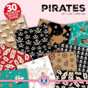 Set di carta digitale Pirati - Festa a tema Pirati - Rosso Nero - Sfondo Pirati - Carta per scrapbooking Pappagallo - Download immediato
