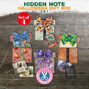 May include: A set of four Halloween gift boxes featuring decorative bows and seasonal patterns. The collection includes boxes with orange bat prints, blue ghost designs, green pumpkin motifs, and purple spiderweb patterns, alongside small cards and frames.
