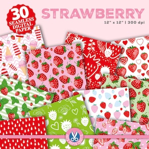 Papéis digitais sem costura de morango - Festa temática de morango - Verde rosa - Álbum de recortes de morango - Download instantâneo - Padrão sem costura