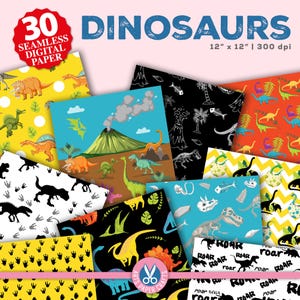 Set di carta digitale sui dinosauri - Festa a tema giurassico - Arancione Blu Nero - Sfondo per bambini o bambine - Modello senza cuciture - Download immediato