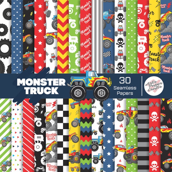 Monster Truck Seamless Digital Paper - Monster Truck Background - Monster Truck Scrapbook Papers - Monster Truck Party - Instant Download