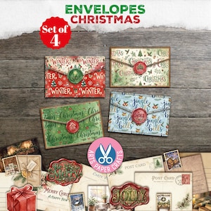May include: A set of four rectangular Christmas envelopes featuring festive patterns in red, green, and blue with wax-style seals. The envelopes display text including Winter, Christmas, and Jingle Bells. Additional paper ephemera includes postcards and gift tags with Merry and Jolly text.