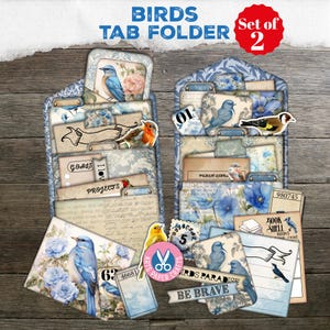 Cartelle con linguette Vintage Birds, etichette tascabili, Shabby Script, Junk Journal, biglietti effimeri tascabili, kit digitale, timbro, tessera della biblioteca, blu neutro