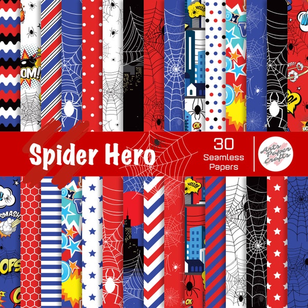 Spider Hero Digital Papers Set - Spider Hero Background - Spider Seamless Pattern - Instant Download - Hero Scrapbook Paper