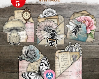 Etiquetas de bolsillo vintage, mariposa, escritura desgastada, diario basura, etiquetas cargadas, efímera, inserto, kit digital, descarga imprimible, neutral, abeja
