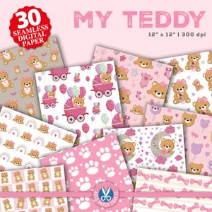 Może przedstawiać: 30 cyfrowych papierów z motywem pluszowego misia. Papiery zawierają różne wzory z pluszowymi misiami, kokardkami, sercami, gwiazdami, chmurami, tęczami, odciskami łap i balonami. Papiery mają rozmiar 30,48 cm na 30,48 cm i rozdzielczość 300 dpi.