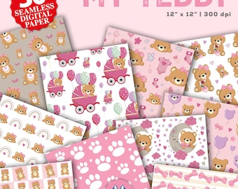 Teddy Bear Girl Digital Paper - Teddy Bear Background - Nursery Seamless Pattern - Instant Download - Baby Girl Scrapbook Paper