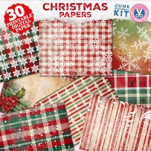 Papel digital navideño horizontal - Papeles de relleno navideños vintage para diarios basura - Páginas para envolver regalos navideños - Kits para diarios basura y álbumes de recortes