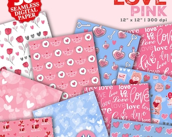 Papeles digitales de amor, fondo de San Valentín, patrón sin costuras de amor, descarga instantánea, papel para álbumes de recortes, patrones de corazones, fondos