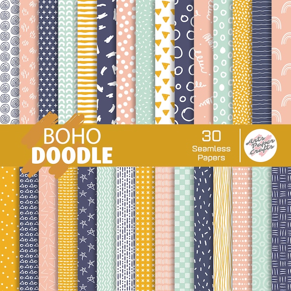 Boho Doodle Digital Papers Set - Boho Background - Doodle Seamless Pattern - Instant Download - Boho Scrapbook Paper