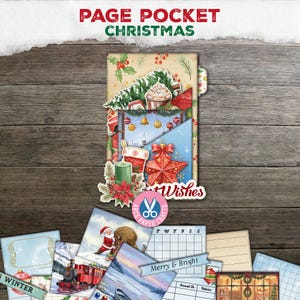 May include: A Christmas-themed page pocket featuring a collage of holiday imagery including a red star, a stocking, a green candle, and a cup of cocoa. Below the pocket are various paper ephemera pieces, including a red train, a calendar, and winter scenes with the text "PAGE POCKET CHRISTMAS" and "Merry & Bright".
