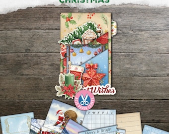 Christmas, Page Pockets, Junk Journal, Tab Folder, Shabby, Vintage, Neutral, Tags, Digital Download, Printable Library Card, Folio, Folder
