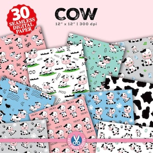 Lindo conjunto de papeles digitales de vaca - Fondo de vaca - Patrón sin costuras de vaca - Descarga instantánea - Papel de álbum de recortes de vaca