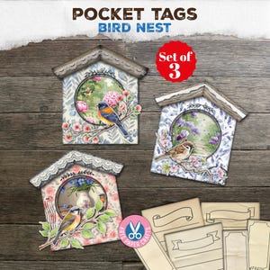 Shabby Card Pockets, Bird Nest, Junk Journal, Pocket Tags, Ephemera, Paper, Craft Digital Kit, Printable, Vintage, Loaded Tags, Gift
