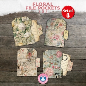 以下が含まれることがあります： ヴィンテージ感のある、4つのフローラルファイルポケットのセット。各ポケットは、バラなどを含む、柔らかいパステルカラーのユニークなフローラルデザインが特徴です。ポケットにはアクセスしやすいタブがあり、紙製です。
