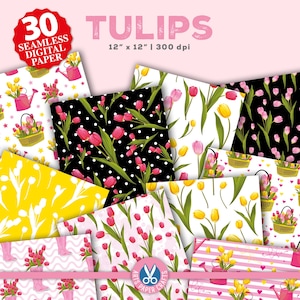 Tulpen bloem digitale papiersets - themafeest tulpen - roze geel zwart - tulpen achtergrond - Floral Junk Journal Kit - direct downloaden