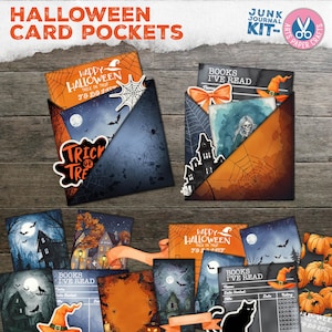 Bolsos para cartões de Halloween, etiquetas carregadas, kit de diário de lixo, fantasma, ideias, presente, cartão de biblioteca, para impressão, download digital, etiquetas de bolso, assustador