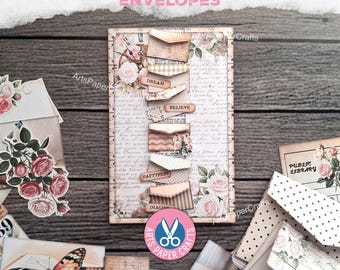 Mini Envelopes, Junk Journal Kit, Tab Folder, Shabby, Butterfly, Vintage, Roses, Tags, Digital Download, Printable Library Card, Folio