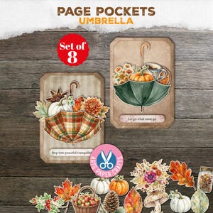 May include: A set of 8 paper pockets featuring autumn-themed illustrations of umbrellas, pumpkins, fall foliage, and mushrooms. The designs include text elements such as 'Step into peaceful tranquility' and 'Let go what must go' on rectangular cards.