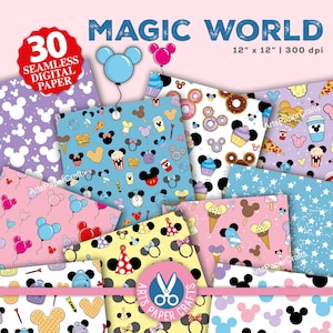 May include: A collection of 30 seamless digital paper patterns titled MAGIC WORLD, 12" x 12" at 300 dpi. The designs feature repeating motifs of mouse-ear silhouettes, balloons, doughnuts, cupcakes, ice cream, pizza, and party hats in various colours.