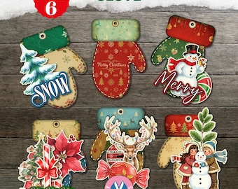 Junk Journal, Christmas, Christmas Gloves, Cards, Ornament, Gift, Printable, Christmas Pocket Tags, Digital Download, Loaded Christmas Tags