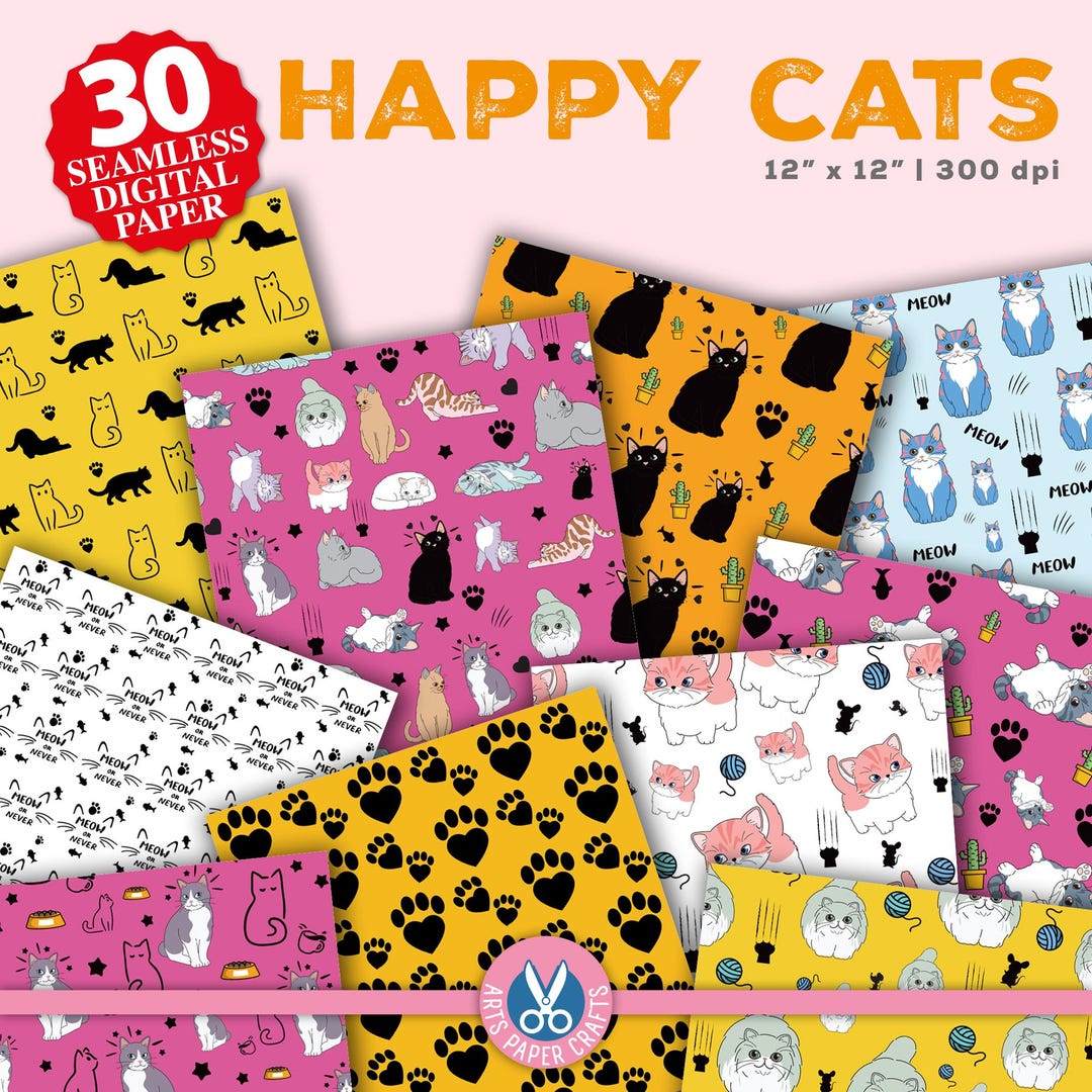 Happy Cats Digital Papers Set, Cats Background, Cute Cats, Seamless ...