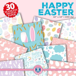 Happy Easter Digital Papers - Sfondo pasquale - Motivo senza soluzione di continuità con coniglietto pasquale - Download immediato - Carta per album di ritagli di Pasqua - Uso commerciale