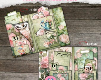 Cartella con rose vintage, porta biglietti, digitale, stampabile, vintage, diario di scarto, carta da cancelleria, regalo, fiori, album di ritagli, folio, effimera