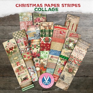 Könnte beinhalten: Eine Sammlung vertikaler Papierstreifen mit verschiedenen weihnachtlichen Motiven, darunter Weihnachtssterne, Schneemänner, Rentiere, Karomuster und Vintage-Schriftzüge wie Merry Christmas, die fächerförmig auf einer Holzoberfläche angeordnet sind.