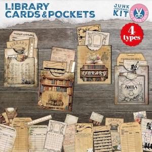 Bolsos para cartão de biblioteca Shabby - Junk Journal - Rosas rosa - Tag Ephemera - Papel - Kit digital de artesanato - Imprimível - Bolso carregado vintage