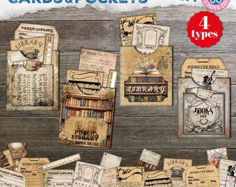 Shabby Library Card Pockets - Junk Journal - Roses Pink - Tag Ephemera - Paper - Craft Digital Kit - Printable - Vintage Loaded Pocket