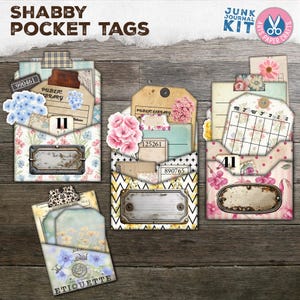 Diário de lixo, etiquetas de bolso de flores, bolsos de cartão de biblioteca, pasta de abas, papel, kit digital de artesanato, bolso carregado vintage, itens efêmeros para impressão