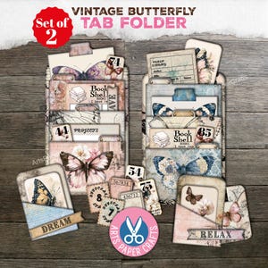 May include: A set of two vintage-style tab folders featuring butterfly illustrations, floral patterns, and ephemera-inspired text like Book Shell, Dream, and Relax. The folders include various paper inserts with numbers and library card designs.
