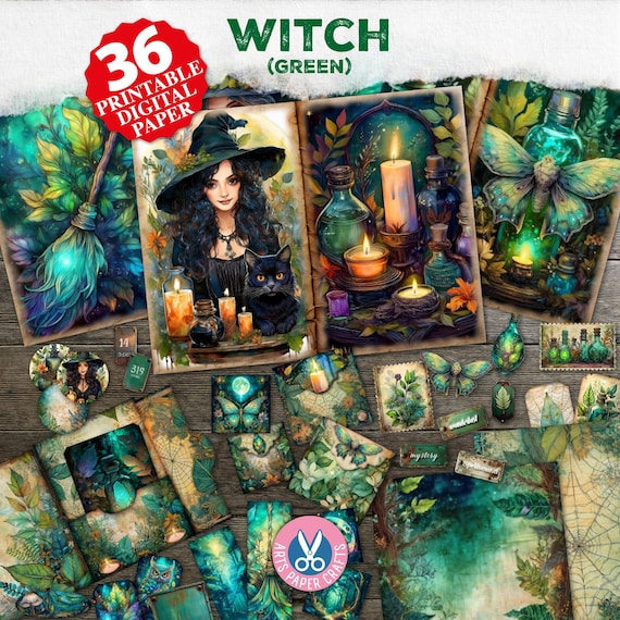 Green Witch Junk Journal Kit, Spell Book, Collage, Printable, Fantasy Kit, Pocket Tags, Stamps, Nature, Paper, Envelopes, Tab Folder, Words