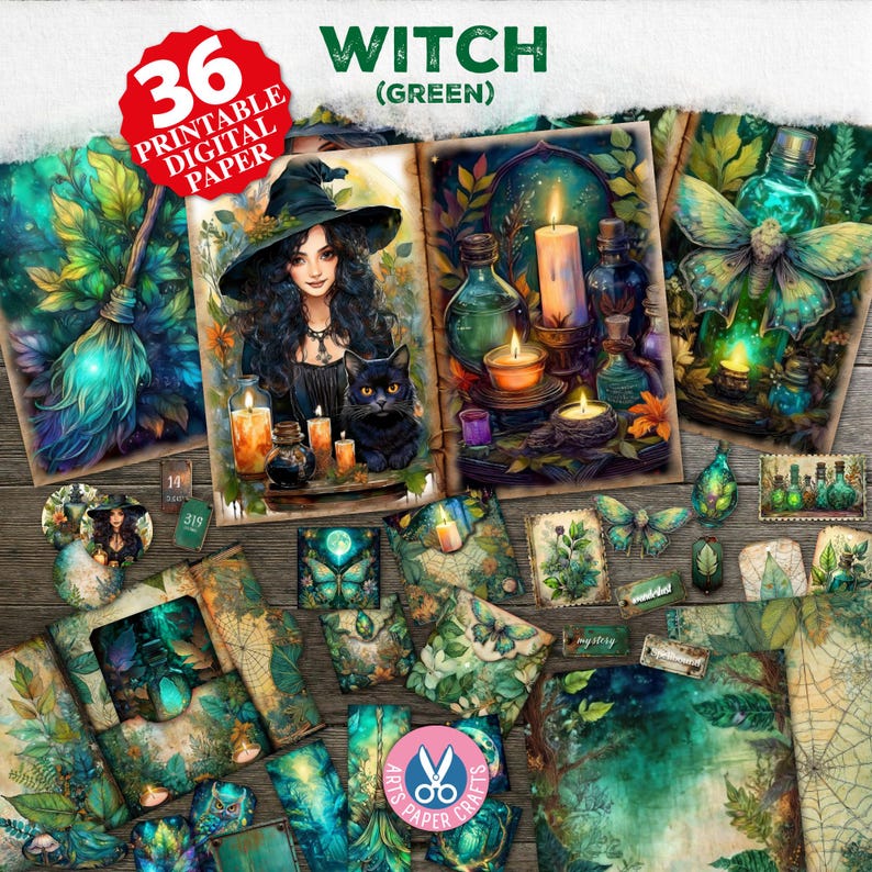 Green Witch Junk Journal Kit, Spell Book, Collage, Printable, Fantasy Kit, Pocket Tags, Stamps, Nature, Paper, Envelopes, Tab Folder, Words image 1