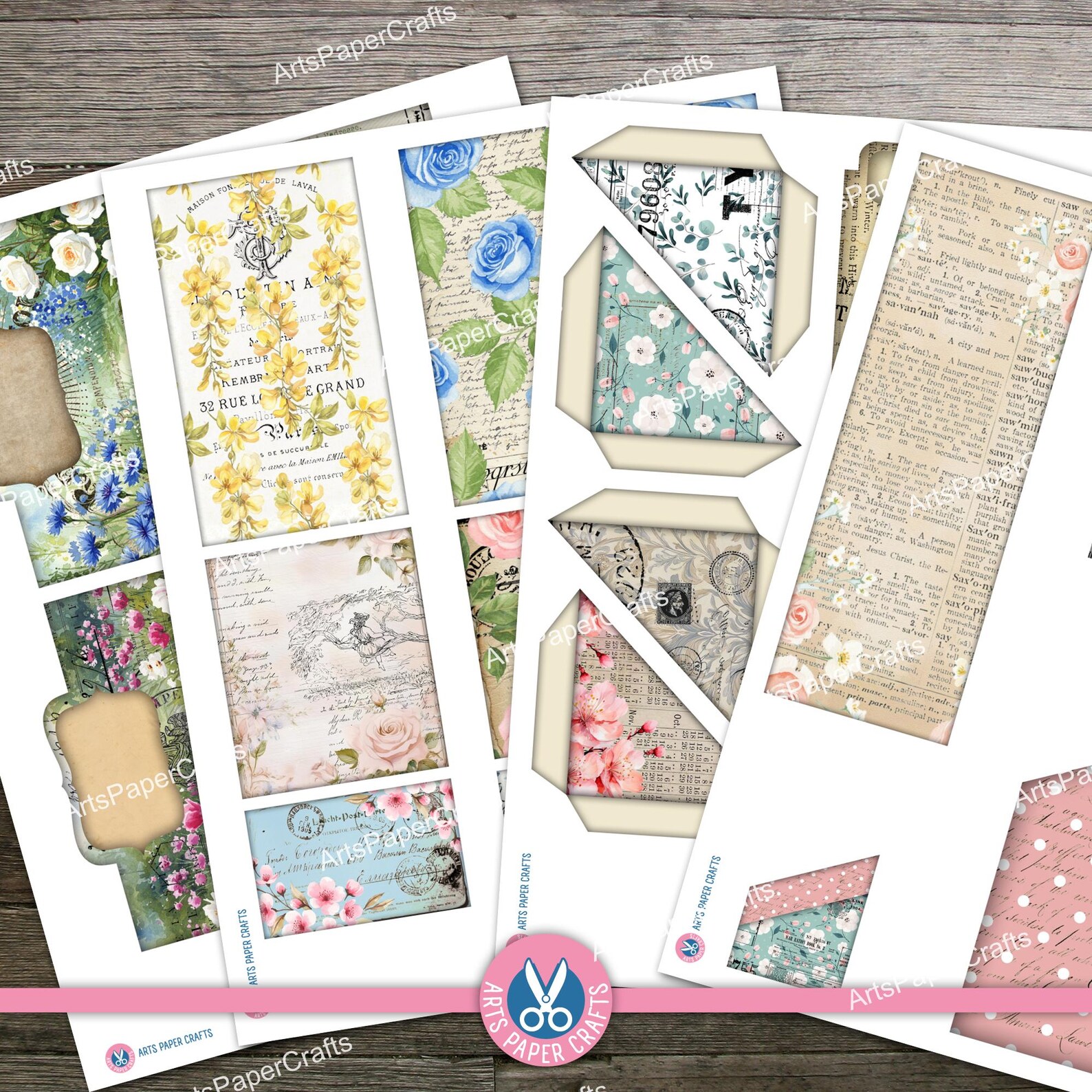 Page Pockets, Floral, Junk Journal, Shabby, Layered, Pink, Yellow, Chic ...