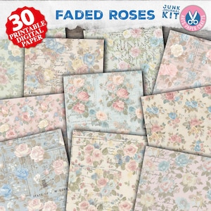 Junk Journal Pages, Blue, Pink, Roses, Filler Papers, Faded Rose Scrappy Papers, Floral, Vintage, Shabby, Printable, Digital Download