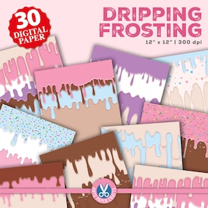 May include: 30 digital papers featuring various dripping frosting designs in pink, purple, blue, brown, and white. The papers are 12 inches by 12 inches and 300 dpi.