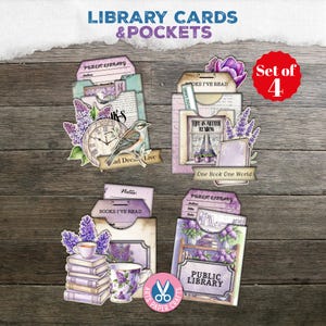 Kieszonki na karty biblioteczne w stylu shabby, dziennik śmieci, różowe, kieszonkowe etykiety, drobiazgi, zestaw do rękodzieła, do druku, do pobrania w wersji cyfrowej, ozdobne wycięcia kwiatów, fioletowe
