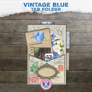 Blue Junk Journal, Shabby Page Pocket, Journal Toppers, Layered, Chic, Printable, Scrapbook, Digital Kit, Download Tab Folder, Ephemera